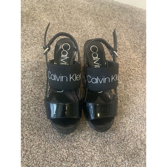 Calvin KLEIN Bethan Logo Wedge Sandals Black Patent Size 5.5 - Picture 2 of 10